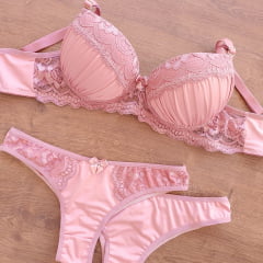 Conjunto Microfibra Drapeado Com Renda Calcinha Tanga REF 212