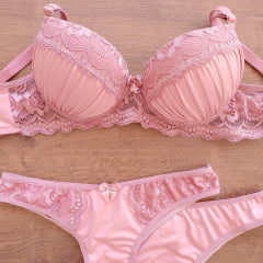 Conjunto Microfibra Drapeado Com Renda Calcinha Tanga REF 212